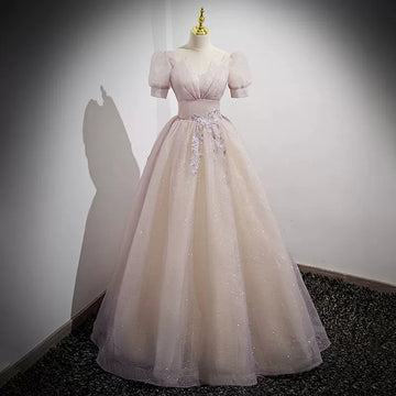 Ball Gown Short Sleeves Long Tulle Pink Prom Dresses HZ1023